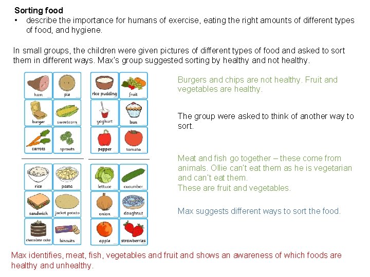 Sorting food • describe the importance for humans of exercise, eating the right amounts