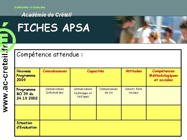 Solidarités et réussites Académie de Créteil FICHES APSA Compétence attendue : Nouveau Programme 2009