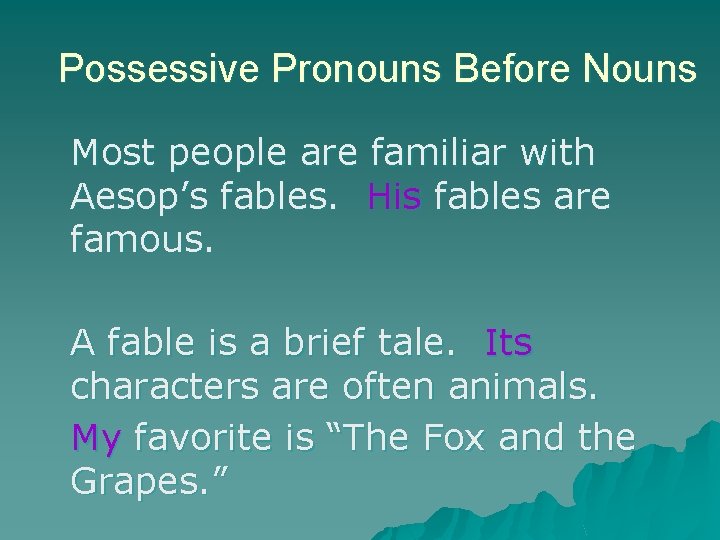 Possessive Pronouns Before Nouns Most people are familiar with Aesop’s fables. His fables are