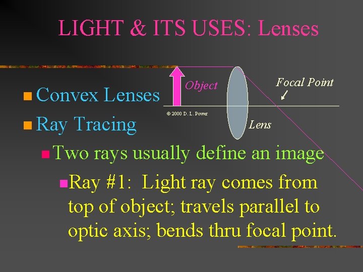 LIGHT & ITS USES: Lenses n Convex Object Focal Point Lenses Lens n Ray