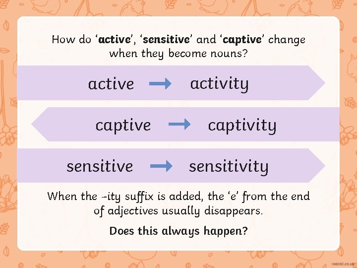 How do ‘active’, ‘sensitive’ and ‘captive’ change when they become nouns? active captive sensitive
