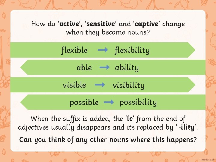 How do ‘active’, ‘sensitive’ and ‘captive’ change when they become nouns? flexible able visible
