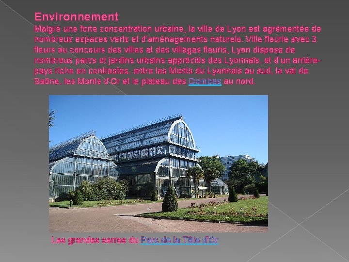 Environnement Malgré une forte concentration urbaine, la ville de Lyon est agrémentée de nombreux