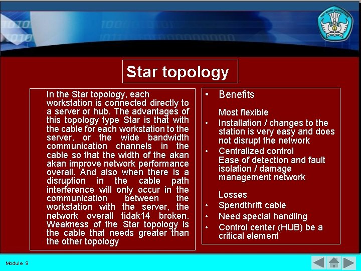 Star topology In the Star topology, each workstation is connected directly to a server