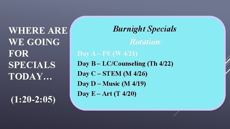 WHERE ARE WE GOING FOR SPECIALS TODAY… (1: 20 -2: 05) Burnight Specials Rotation: