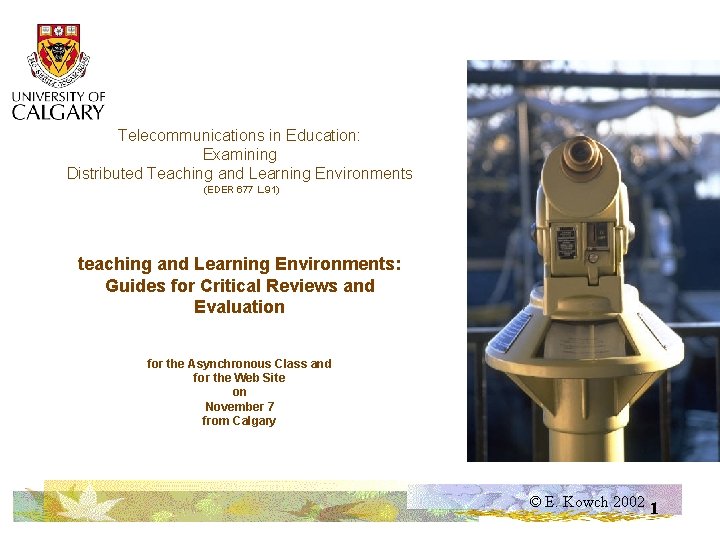 Telecommunications in Education: Examining Distributed Teaching and Learning Environments (EDER 677 L. 91) teaching