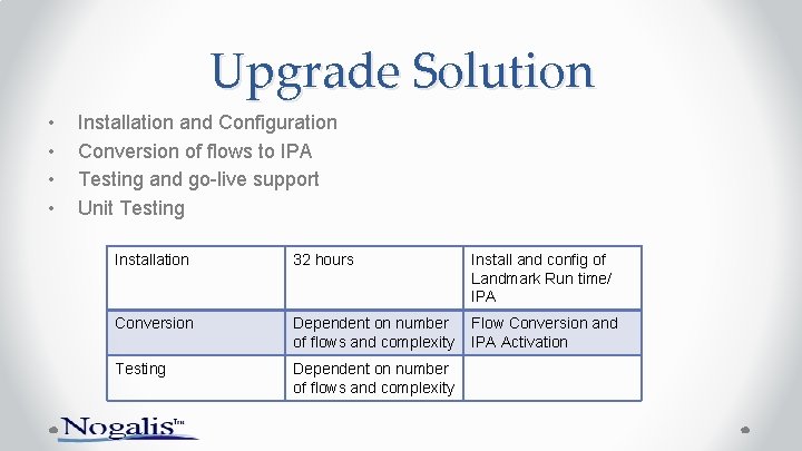 Upgrade Solution • • Installation and Configuration Conversion of flows to IPA Testing and