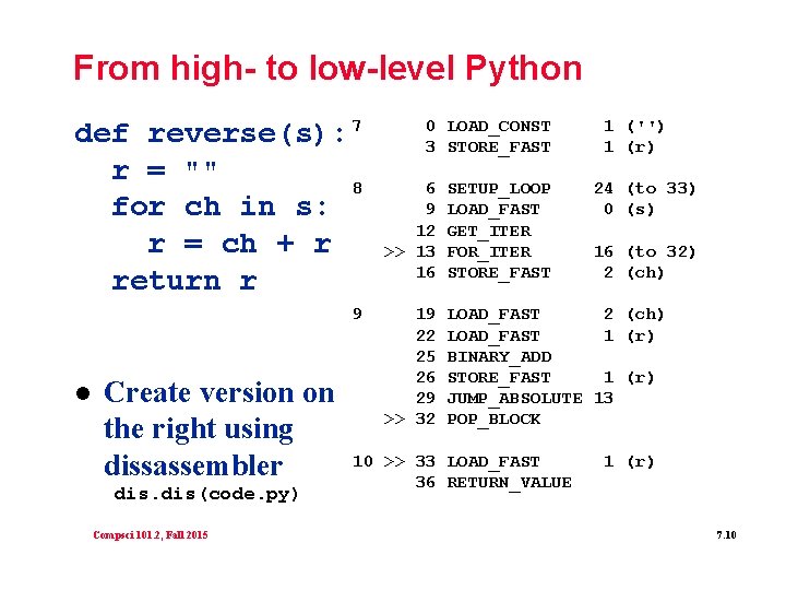 From high- to low-level Python def reverse(s): 7 r = "" 8 for ch