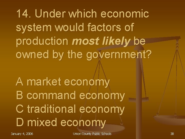 14. Under which economic system would factors of production most likely be owned by