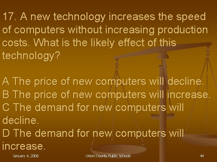 17. A new technology increases the speed of computers without increasing production costs. What