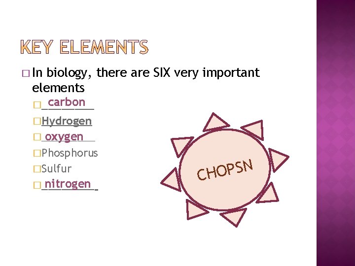 � In biology, there are SIX very important elements carbon �____ �Hydrogen oxygen �_____