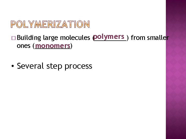 polymers from smaller large molecules (_____) ones (_____) monomers � Building • Several step