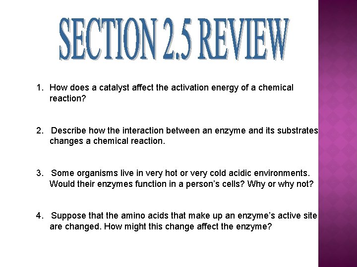 1. How does a catalyst affect the activation energy of a chemical reaction? 2.