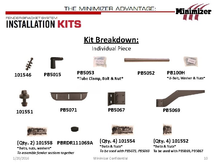 Kit Breakdown: Individual Piece 101546 101551 PB 5015 PB 5053 *Tube Clamp, Bolt &