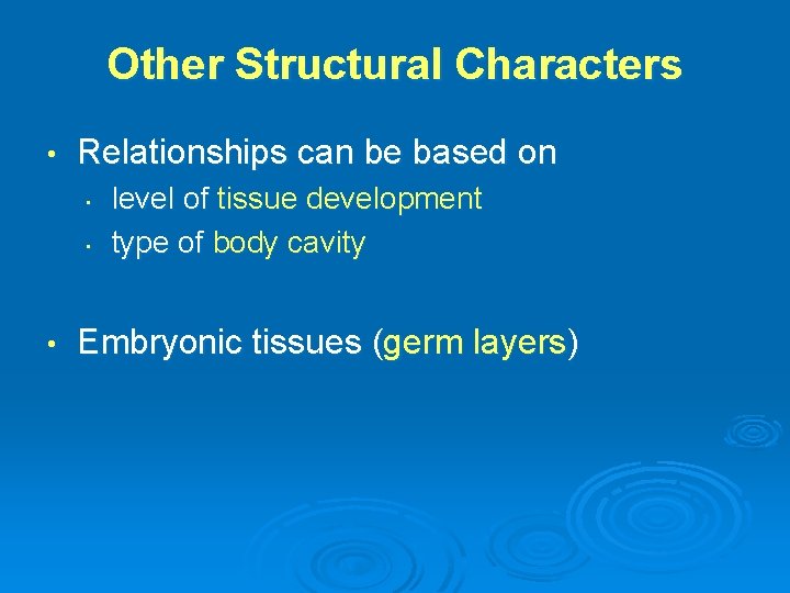 Other Structural Characters • Relationships can be based on • • • level of