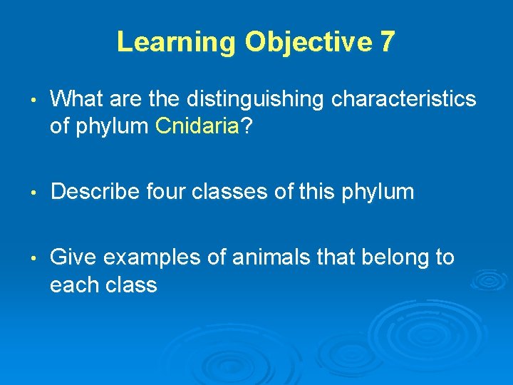 Learning Objective 7 • What are the distinguishing characteristics of phylum Cnidaria? • Describe