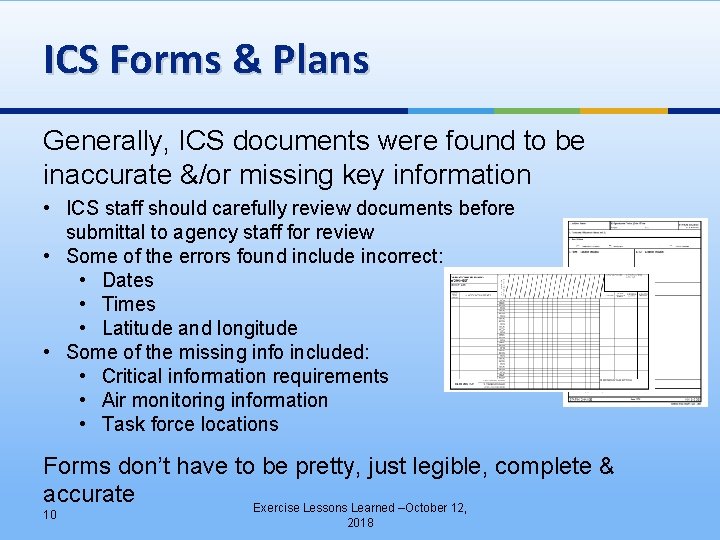 ICS Forms & Plans Generally, ICS documents were found to be inaccurate &/or missing