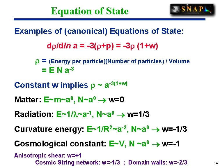 Equation of State Examples of (canonical) Equations of State: d /dln a = -3(
