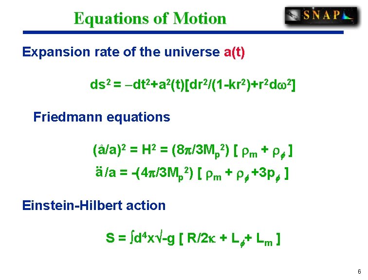 Equations of Motion Expansion rate of the universe a(t) ds 2 = dt 2+a