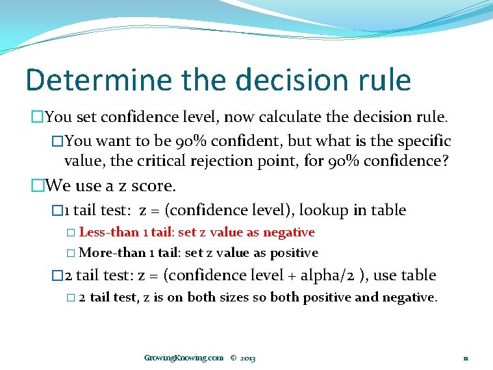 Determine the decision rule �You set confidence level, now calculate the decision rule. �You