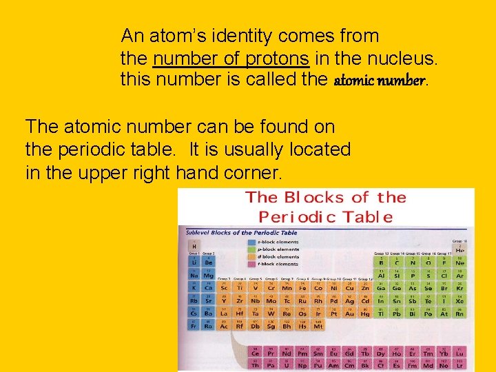 An atom’s identity comes from the number of protons in the nucleus. this number