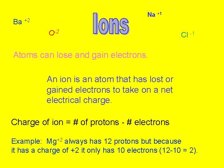 Na +1 Ba +2 O-2 Cl -1 Atoms can lose and gain electrons. An