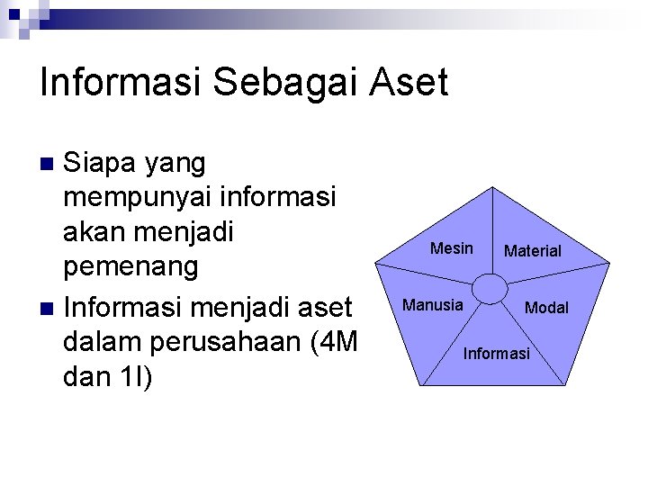 Informasi Sebagai Aset Siapa yang mempunyai informasi akan menjadi pemenang n Informasi menjadi aset