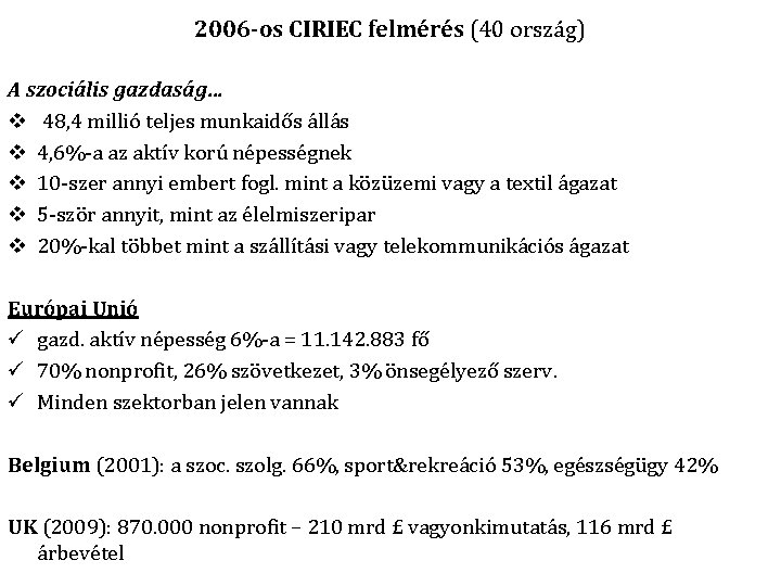 2006 -os CIRIEC felmérés (40 ország) A szociális gazdaság… v 48, 4 millió teljes 2006 -os CIRIEC felmérés (40 ország) A szociális gazdaság… v 48, 4 millió teljes