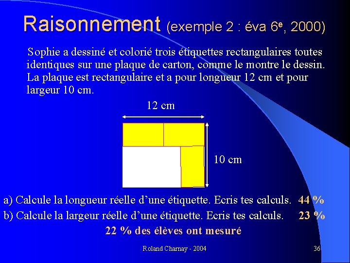 Raisonnement (exemple 2 : éva 6 e, 2000) Sophie a dessiné et colorié trois