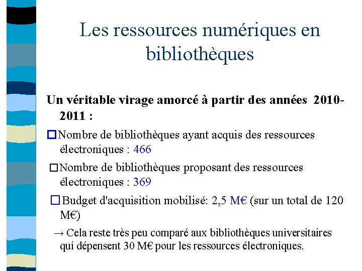 Les ressources numériques en bibliothèques Un véritable virage amorcé à partir des années 20102011