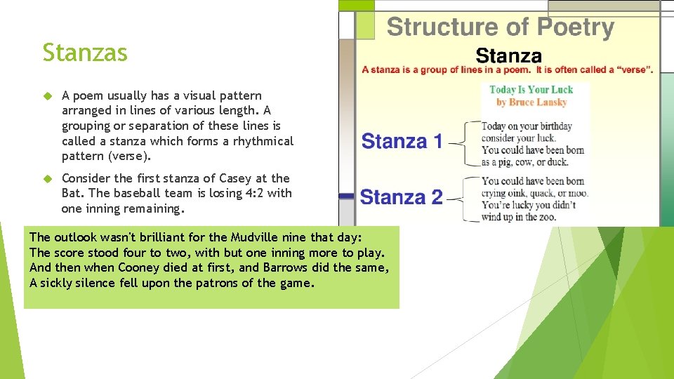 Stanzas A poem usually has a visual pattern arranged in lines of various length.