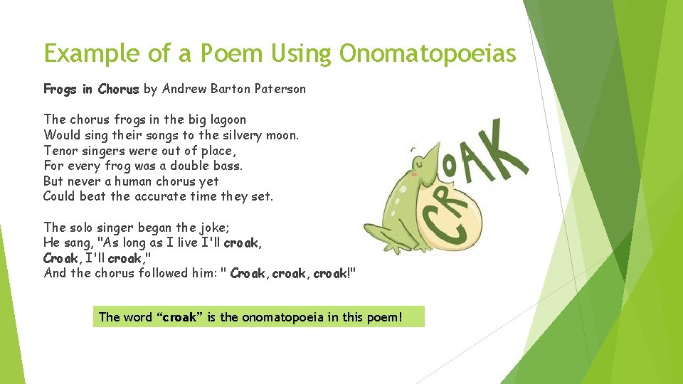 Example of a Poem Using Onomatopoeias Frogs in Chorus by Andrew Barton Paterson The