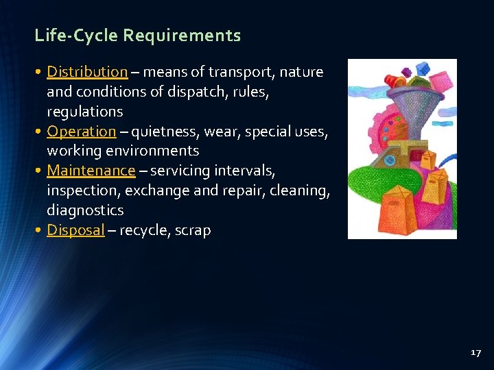 Life-Cycle Requirements • Distribution – means of transport, nature and conditions of dispatch, rules,
