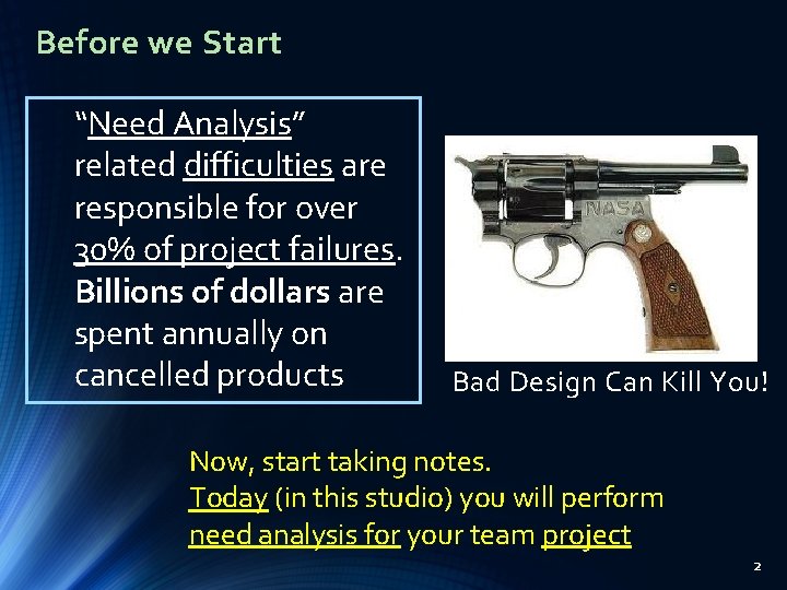 Before we Start “Need Analysis” related difficulties are responsible for over 30% of project