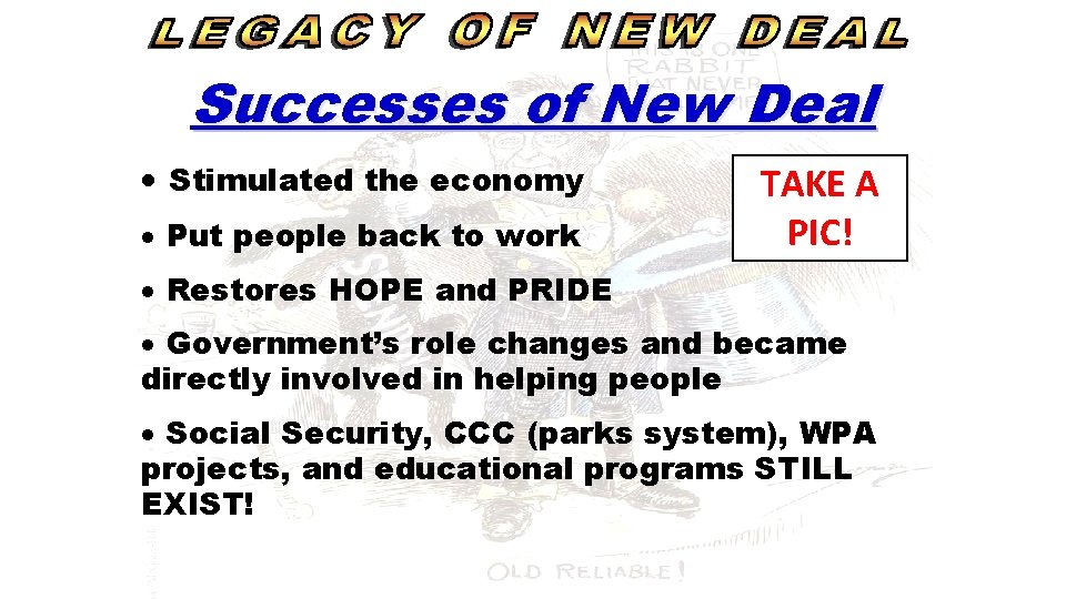 Successes of New Deal · Stimulated the economy · Put people back to work