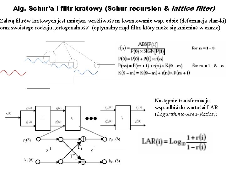 Alg. Schur’a i filtr kratowy (Schur recursion & lattice filter) Zaletą filtrów kratowych jest