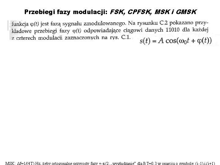 Przebiegi fazy modulacji: FSK, CPFSK, MSK i GMSK MSK: Df=1/(4 T) Hz, żeby ortogonalne