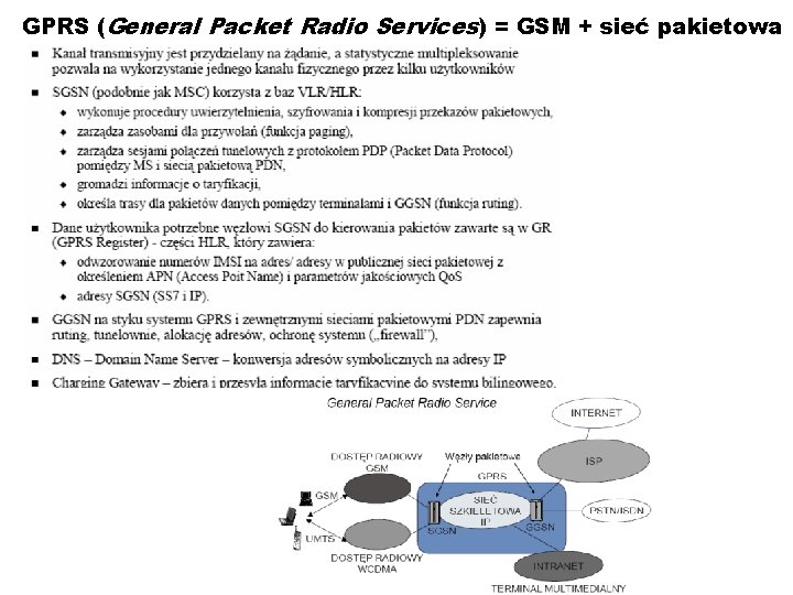 GPRS (General Packet Radio Services) = GSM + sieć pakietowa 