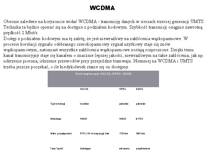 WCDMA Obecnie zaledwie na horyzoncie widać WCDMA - transmisję danych w sieciach trzeciej generacji