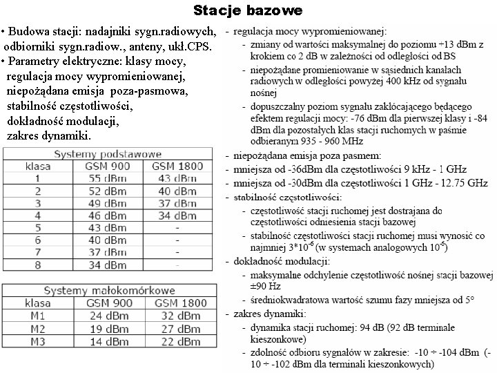 Stacje bazowe • Budowa stacji: nadajniki sygn. radiowych, odbiorniki sygn. radiow. , anteny, ukł.