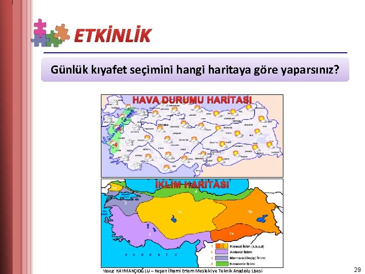 ETKİNLİK Günlük kıyafet seçimini hangi haritaya göre yaparsınız? HAVA DURUMU HARİTASI İKLİM HARİTASI Yavuz