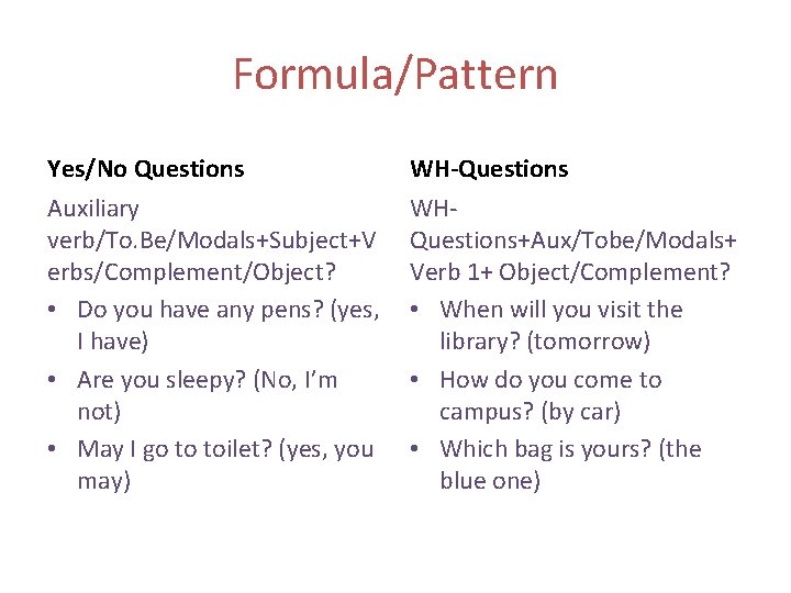 Formula/Pattern Yes/No Questions WH-Questions Auxiliary verb/To. Be/Modals+Subject+V erbs/Complement/Object? • Do you have any pens?
