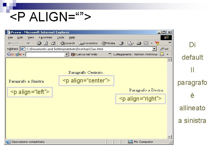 <P ALIGN=“”> Di default Il <p align=“center”> paragrafo <p align=“left”> <p align=“right”> è allineato