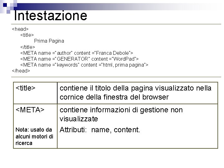 Intestazione <head> <title> Prima Pagina </title> <META name =“author” content =“Franca Debole”> <META name