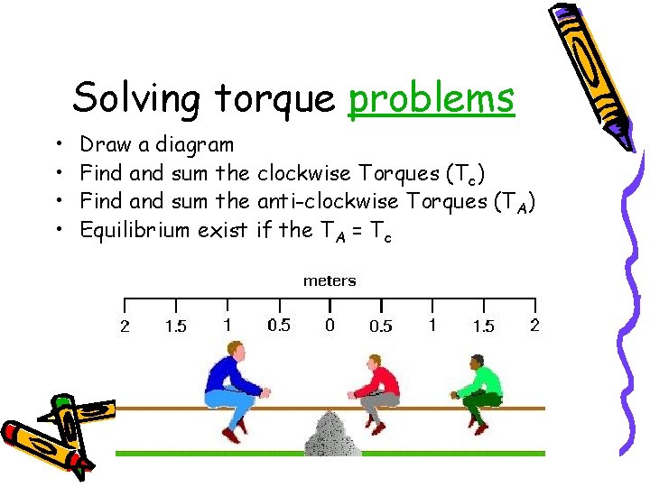 Solving torque problems • • Draw a diagram Find and sum the clockwise Torques