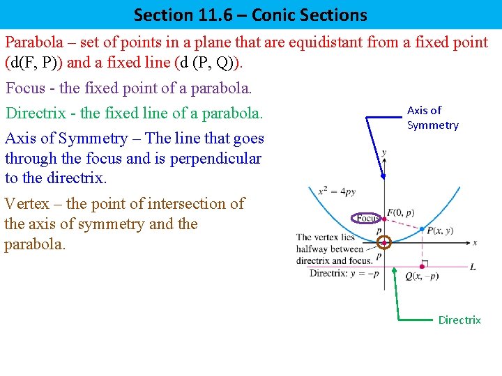 Section 11. 6 – Conic Sections Parabola – set of points in a plane