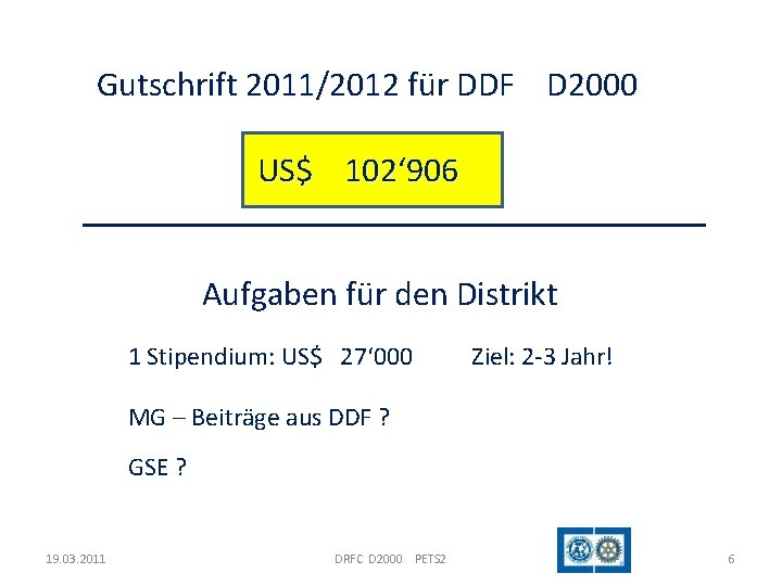 Gutschrift 2011/2012 für DDF D 2000 US$ 102‘ 906 Aufgaben für den Distrikt 1