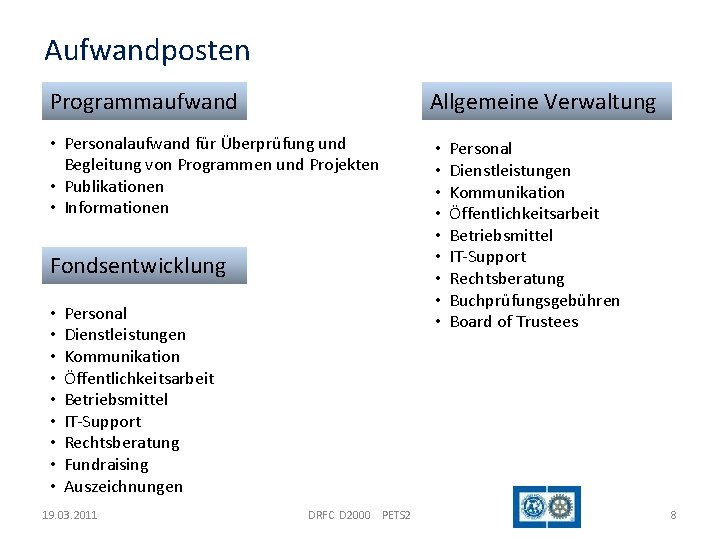 Aufwandposten Programmaufwand Allgemeine Verwaltung • Personalaufwand für Überprüfung und Begleitung von Programmen und Projekten