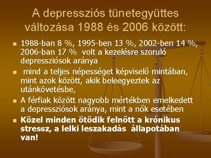 A depressziós tünetegyüttes változása 1988 és 2006 között: n n 1988 -ban 8 %,