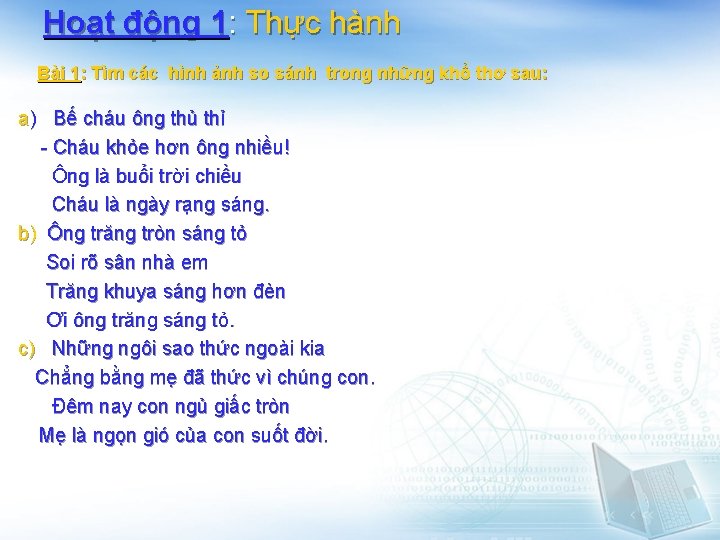 Hoạt động 1: Thực hành Bài 1: Tìm các hình ảnh so sánh trong